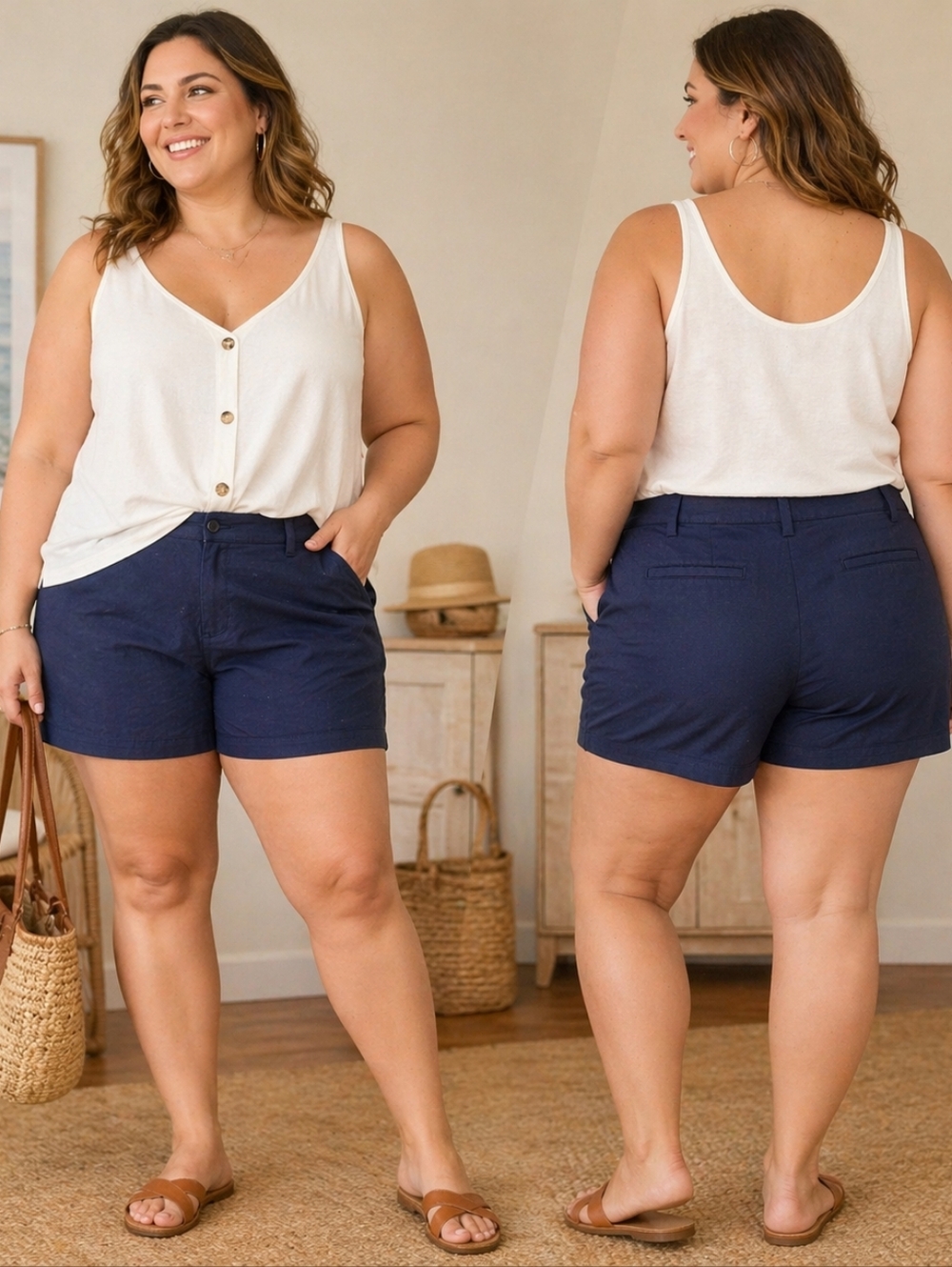 Lands' End Navy Mid Rise Tailored Shorts Women’s 16W Stretch Chino Summer Casual
